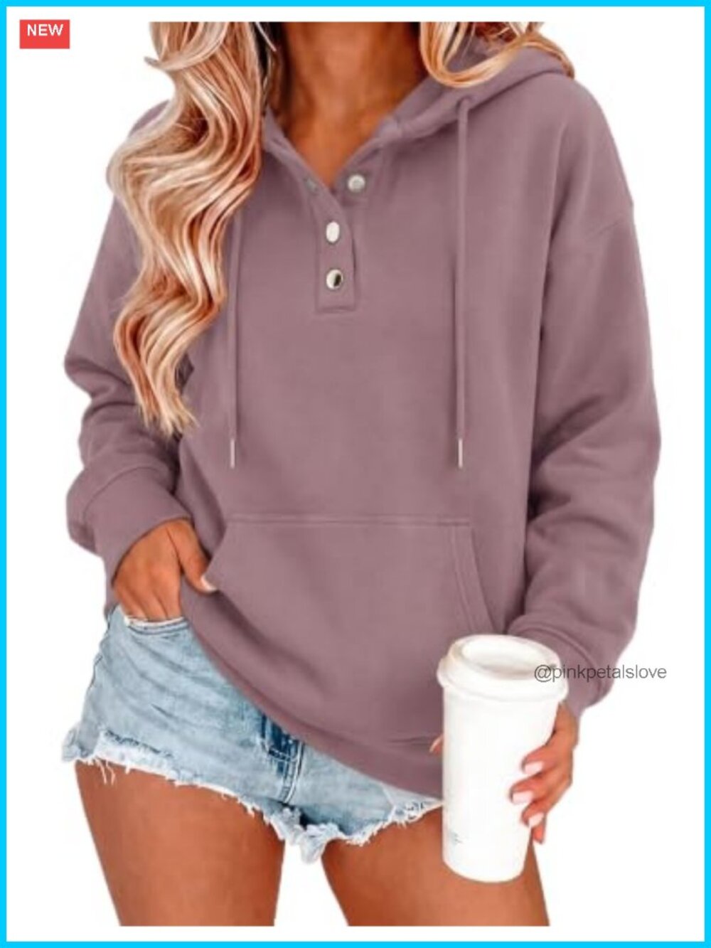 Womens V-Neck Button Front Hoodie Oversized Cotton Blend Sweatshirt Fall